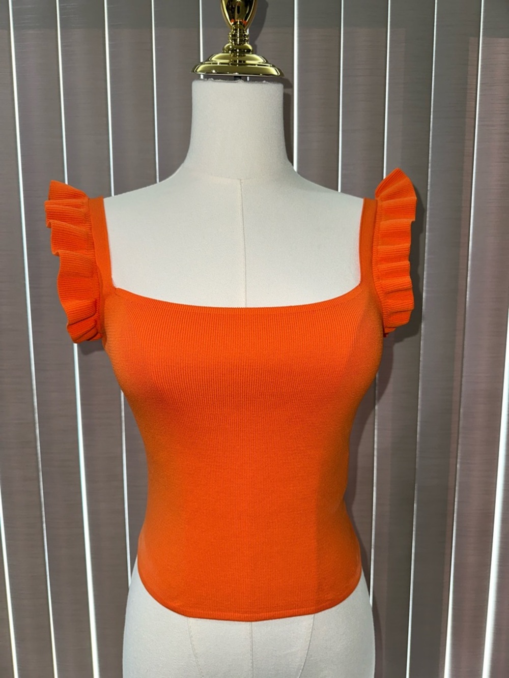 Square Neck Ruffle Strap Knit Tank - Orange